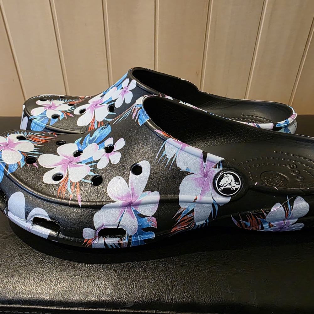 CROCS Black Clogs with Floral Pattern